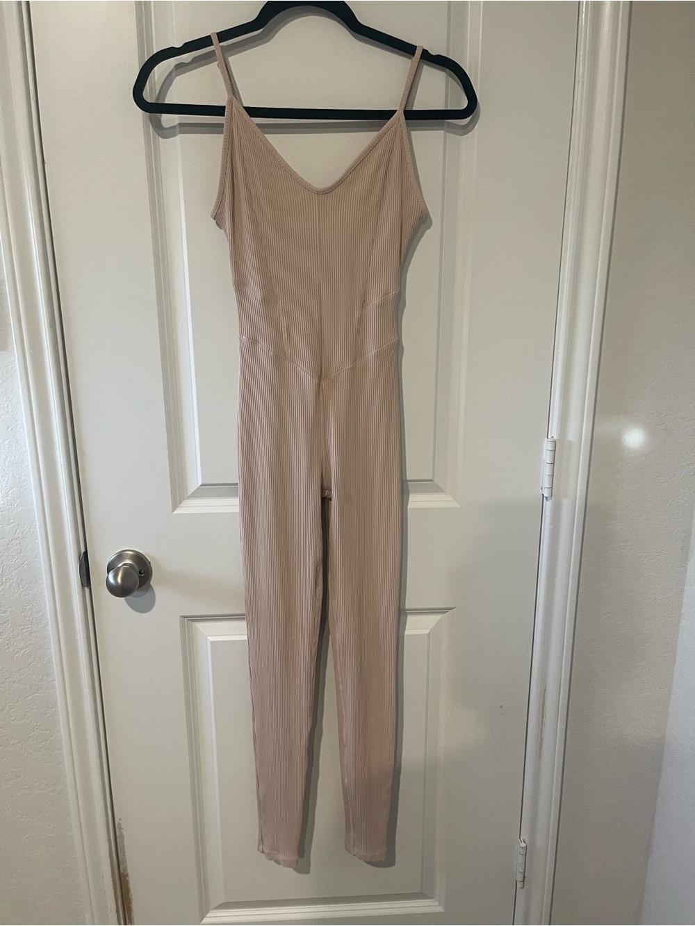 Forever 21 Beige Ribbed V-Neck Slim Jumpsuit